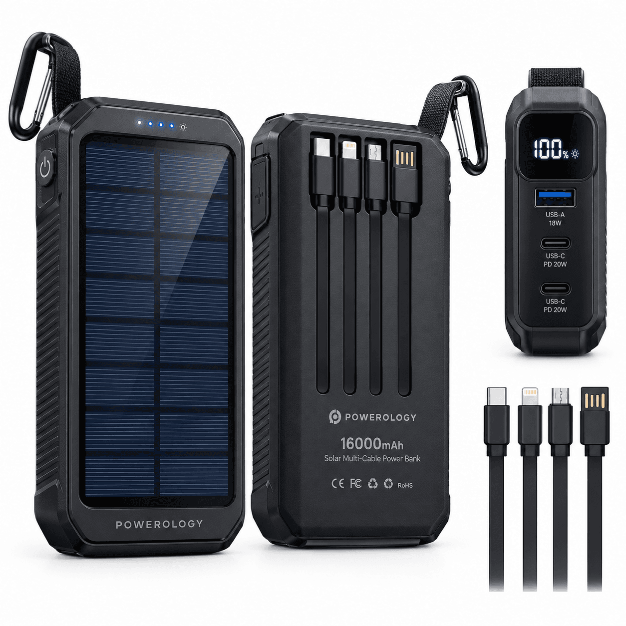 Powerology 16000mAh Solar Multi-Cable Power Bank