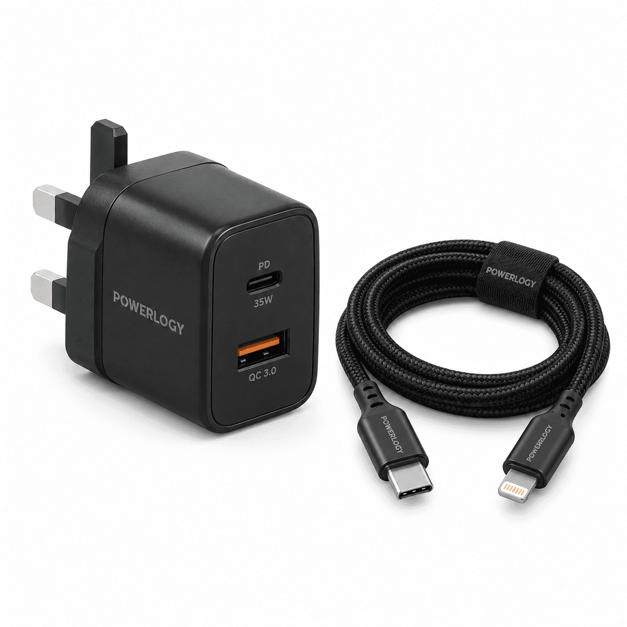 Powerology 35W Super Compact Quick Charger with braided USB C to Lightning Cable