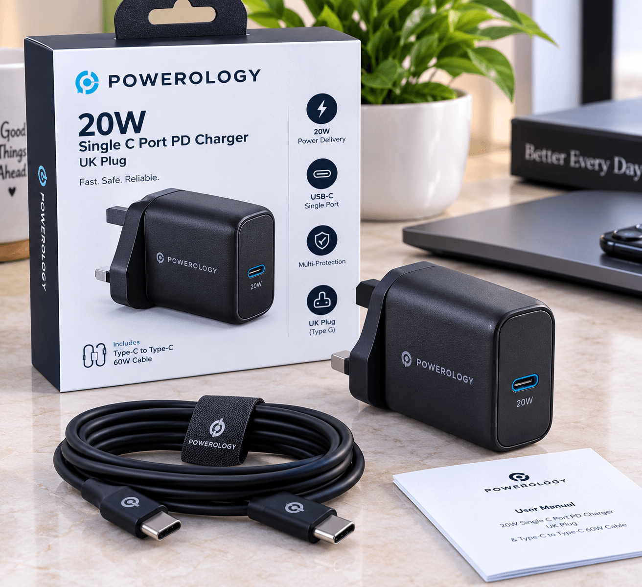 Powerology 20W Single C Port PD Charger UK with Type C to C 60W cable