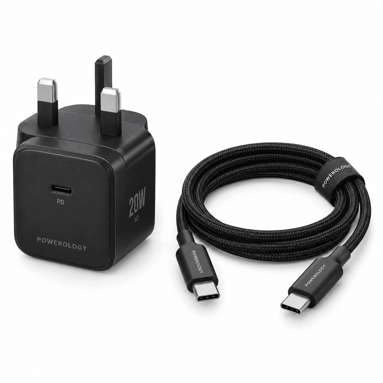 Powerology 20W Single C Port PD Charger UK with Type C to C 60W cable