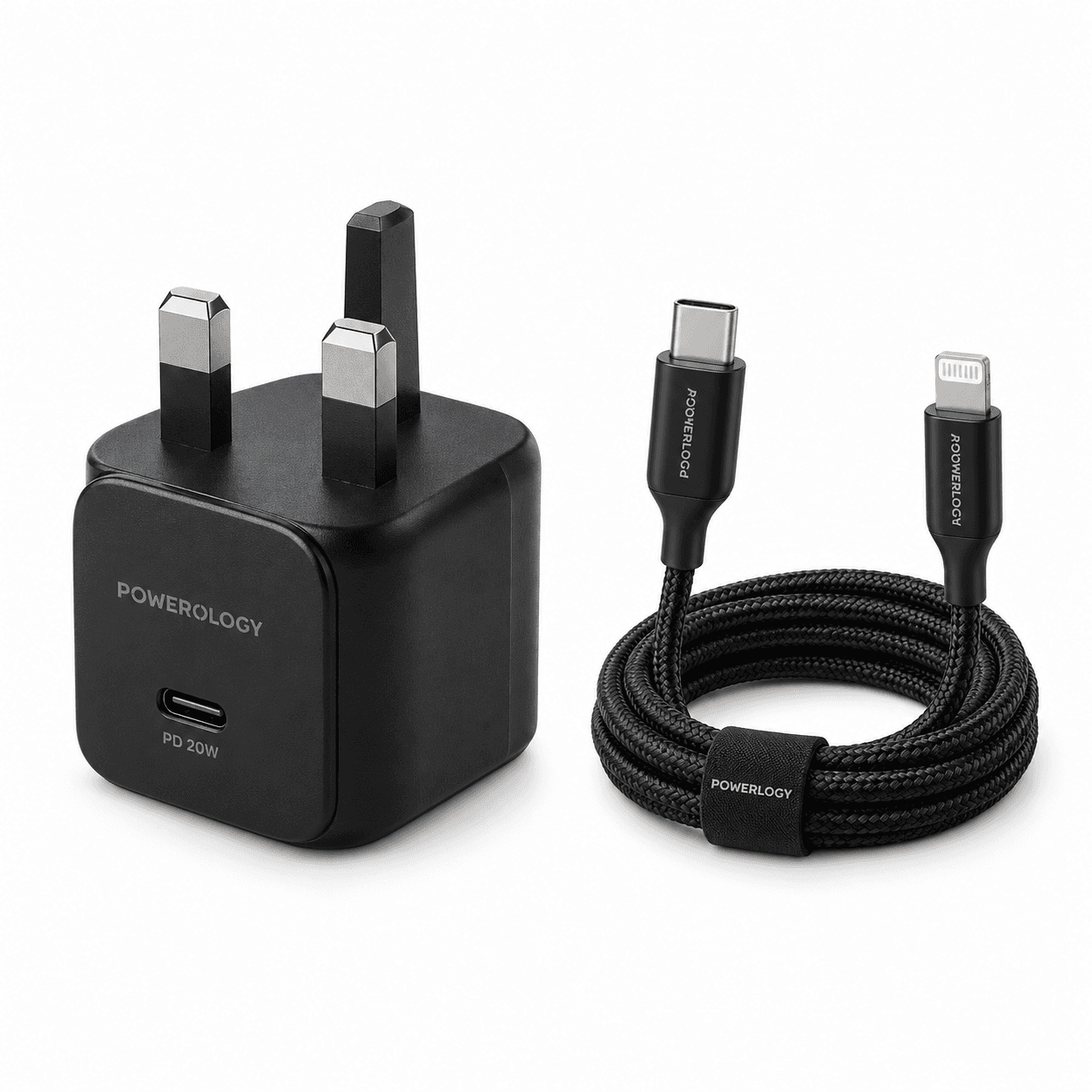 Powerology 20W Single C Port PD Charger UK with Type C to Lightining MFI 27W cable