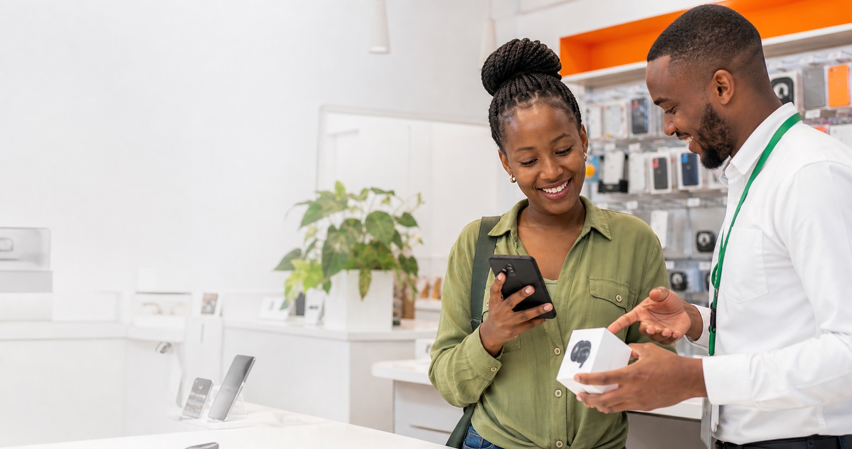 A returning Ario customer checking rewards with a store advisor