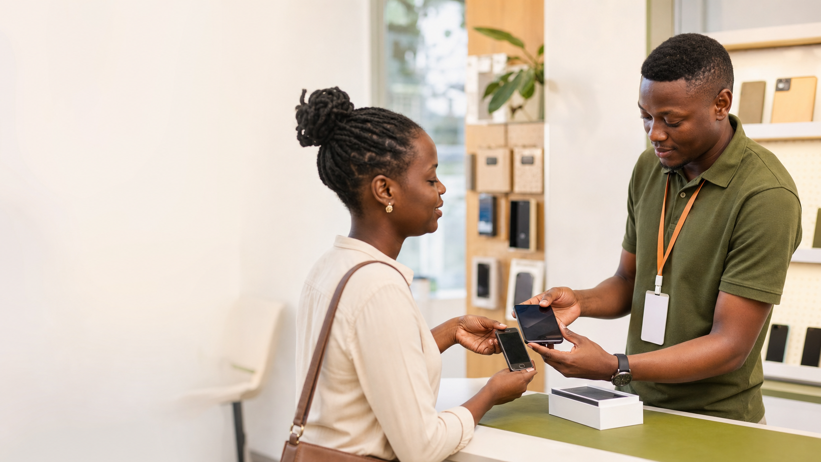 An Ario advisor assessing a customer's phone for trade-in