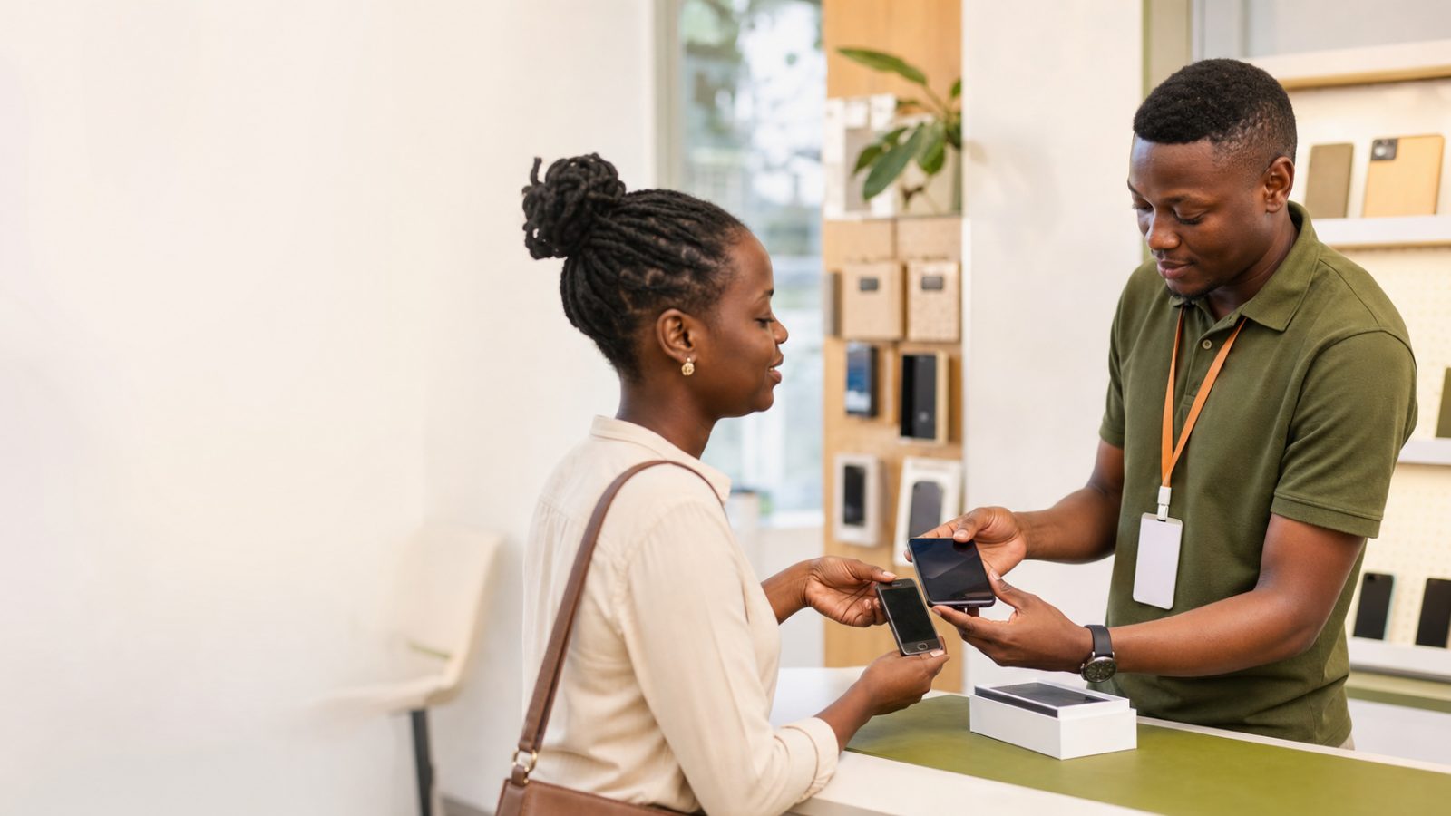 An Ario advisor assessing a customer device at the counter