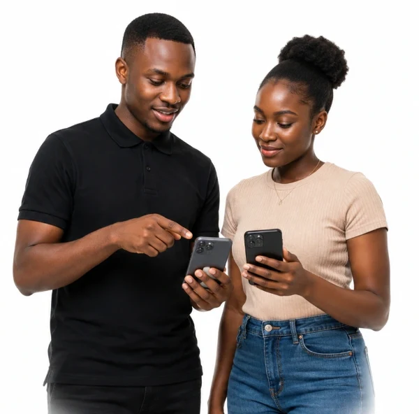 A man and a woman comparing two phones together
