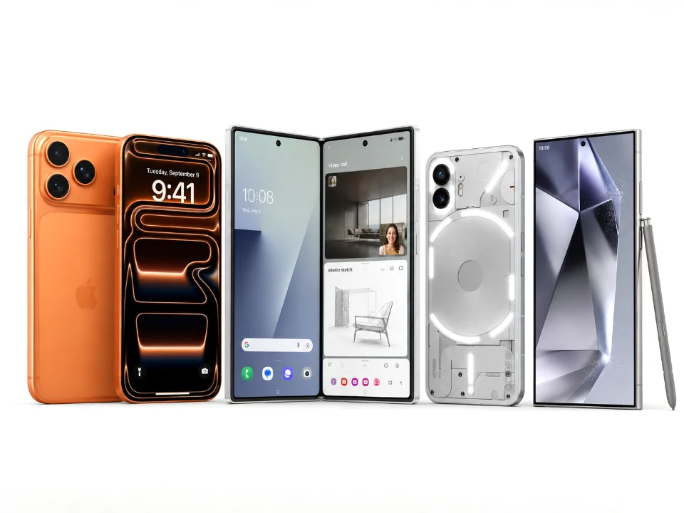 An iPhone, a folding Galaxy, a Nothing Phone and a Galaxy Ultra with its pen, stood in a row